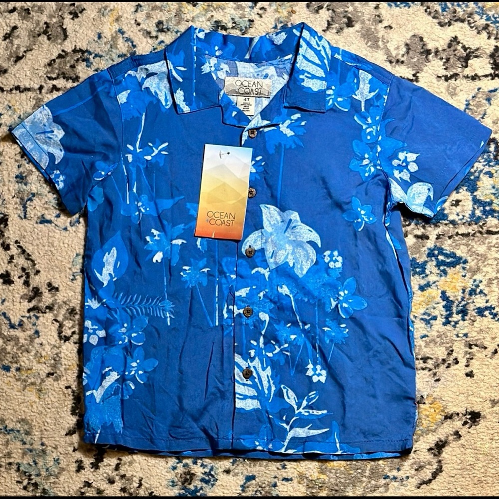Ocean Coast Button Down Shirt Toddler Top Size 4T Blue Hawaiian NEW